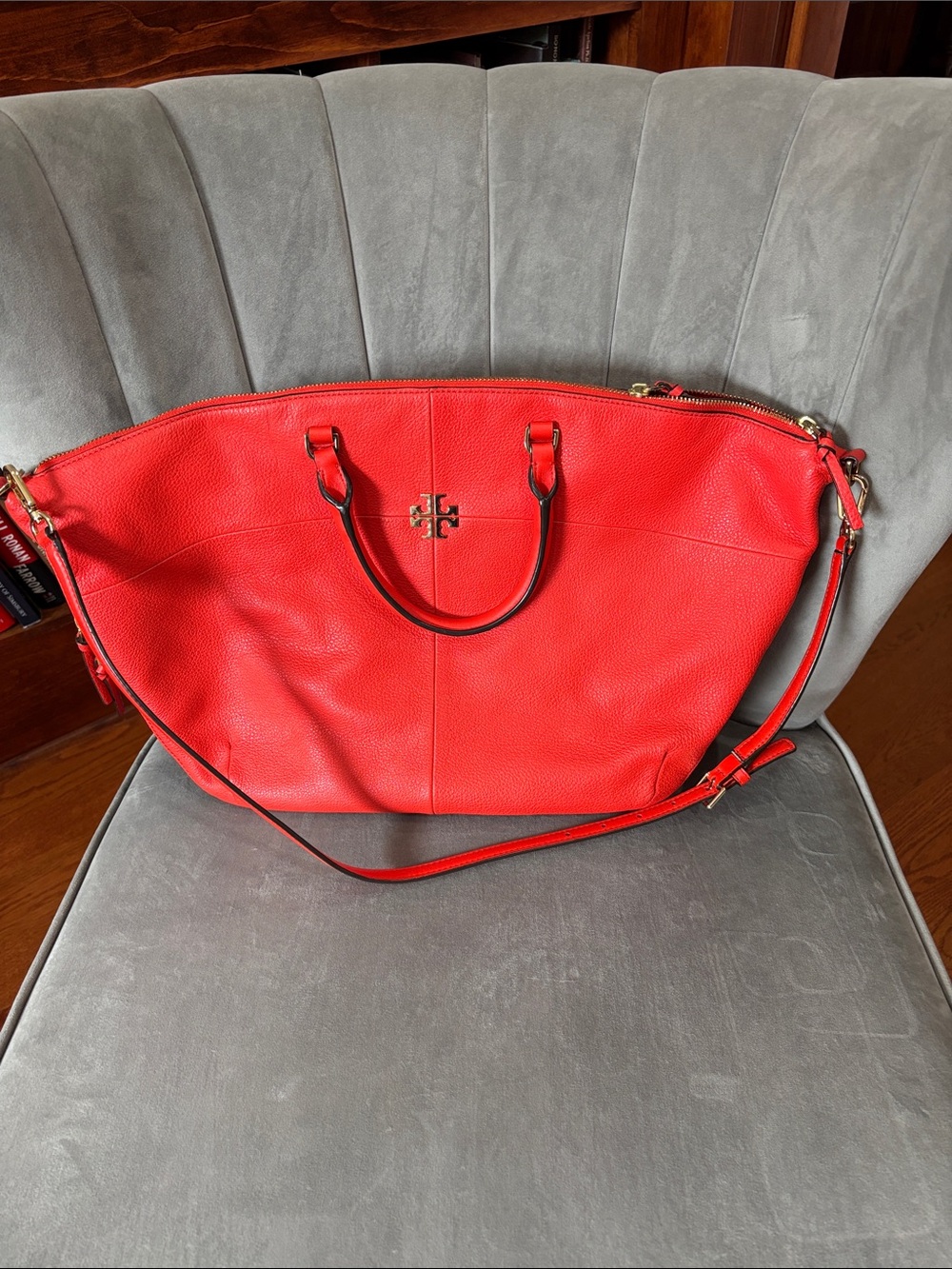 Tory Burch Bright Orange Pebbled Leather Tote with Crossbody Strap